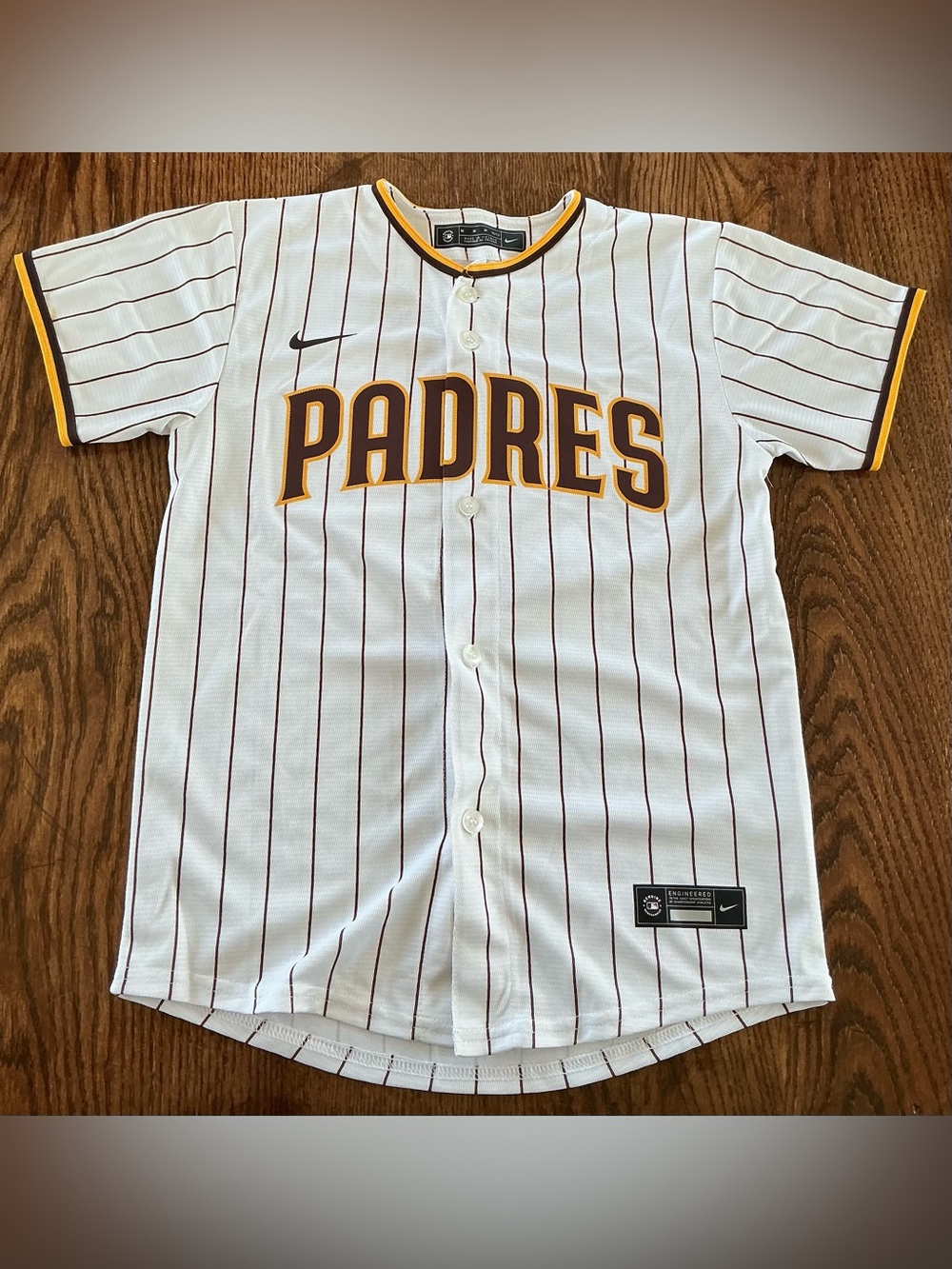 Nike White Padres Pinstripe Jersey with Brown and Gold Accents